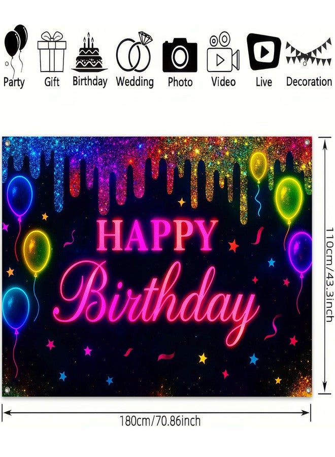 BlissYard Neon Happy Birthday Banner 71x43 Inch Glow in the dark Party Decoration Backdrop Colorful Balloons Stars Birthday Party Supplies Photo Booth Props For Girls or boys gifts - Image 3